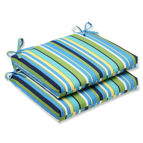 Set of 2 Strisce Luminose Blue and Yellow Striped Outdoor Patio Rounded Chair Cushions 18.5