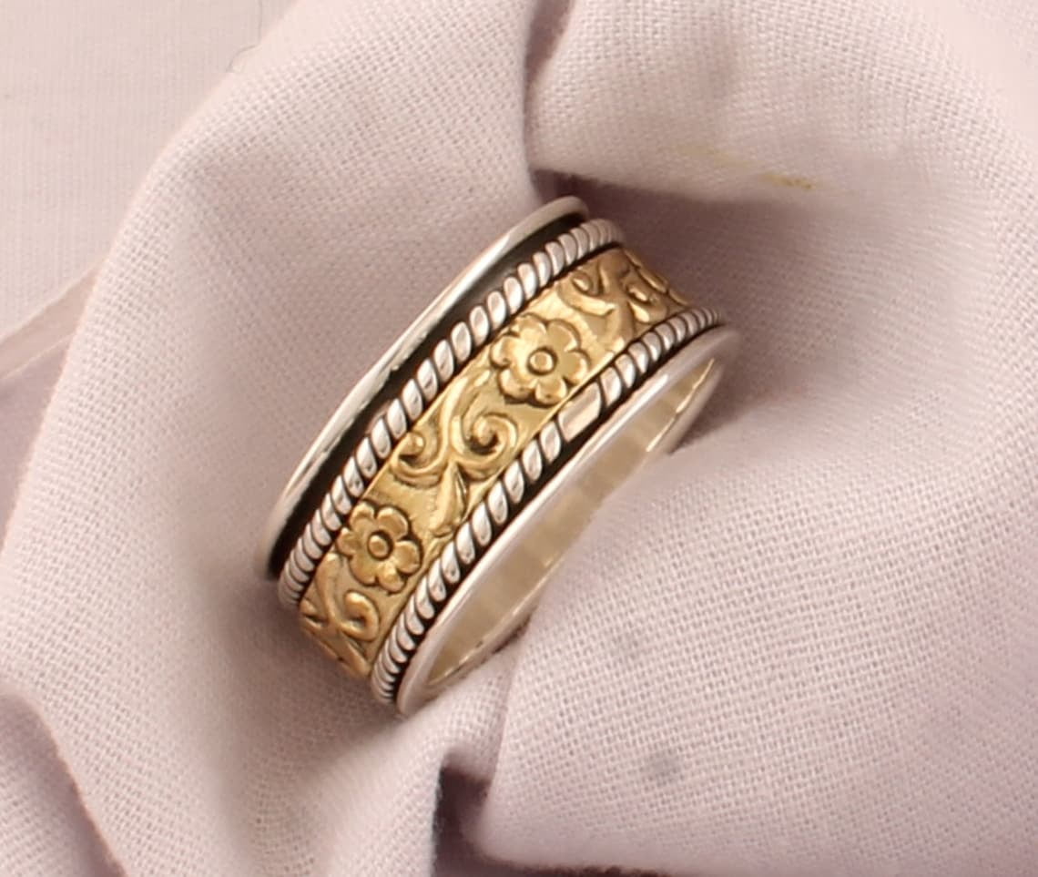 SS DESIGNS Spinner Ring Handmade Silver 925 Sterling Band Flower Band Ring Anxiety Relief Fidget Spinner Stress Relief Jewelry for Men Women