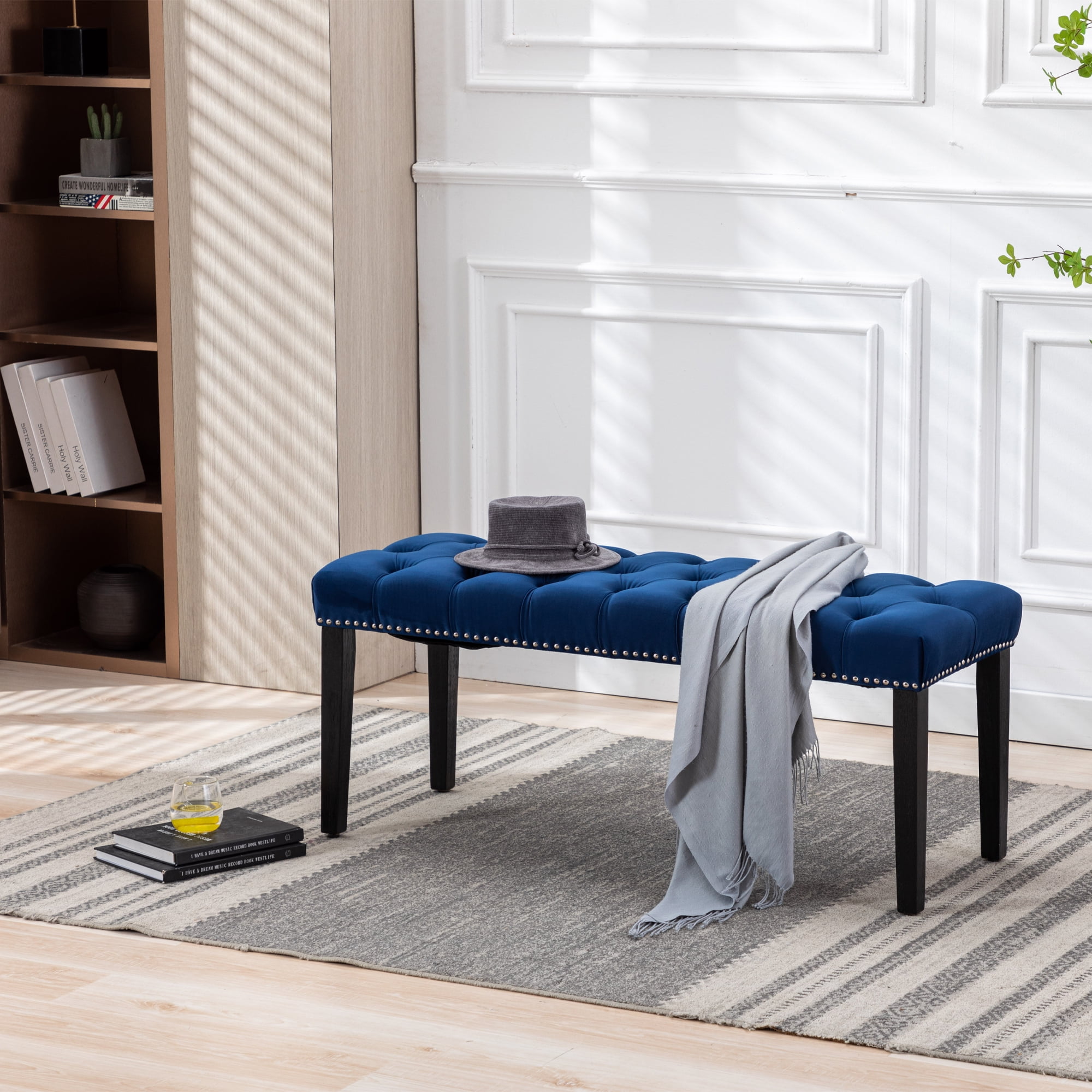 Heng Ming Upholstered Tufted Bench Ottoman, Velvet Dining Bench Bedroom Bench Footrest Stool Accent Bench for Entryway Dining Room Living Room, Blue