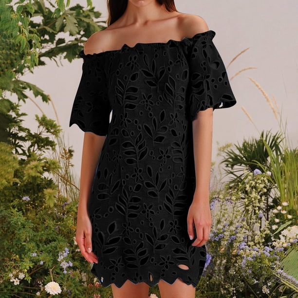 WILLBEST Vestido De Lino Para Mujer, Vestido De Verano Para Mujer, Vestido De Color Liso Sin Tirantes De Una Línea Con Hombros Descubiertos, Vestido Sin Mangas, Vestido Belleza De Encaje Calado