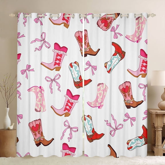 Homewish Western Cowgirl Boots Kitchen Curtains,Cute Bowtie Black Out Curtains Pack of 2 (42x63 Each),White Pink