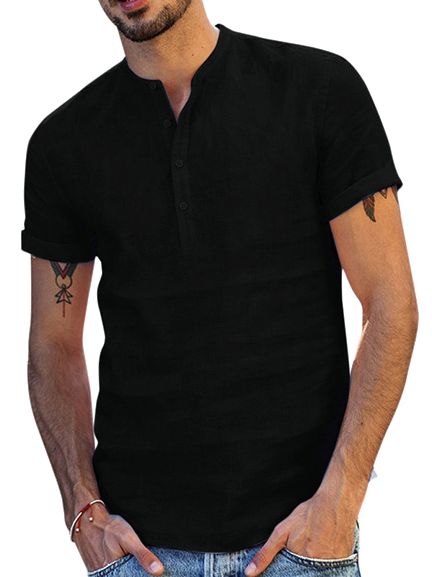 UKAP Mens Linen Short Sleeve T Shirts Henley Casual Hippie Shirts ...