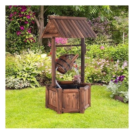 Outdoor Wishing Well Water Fountain, Old-Fashioned Wood Waterfall Fountain with Bucket Pump, Rustic Farmhouse Decoration for Garden Backyard
