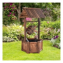 Outdoor Wishing Well Water Fountain, Old-Fashioned Wood Waterfall Fountain with Bucket Pump, Rustic Farmhouse Decoration for Garden Backyard