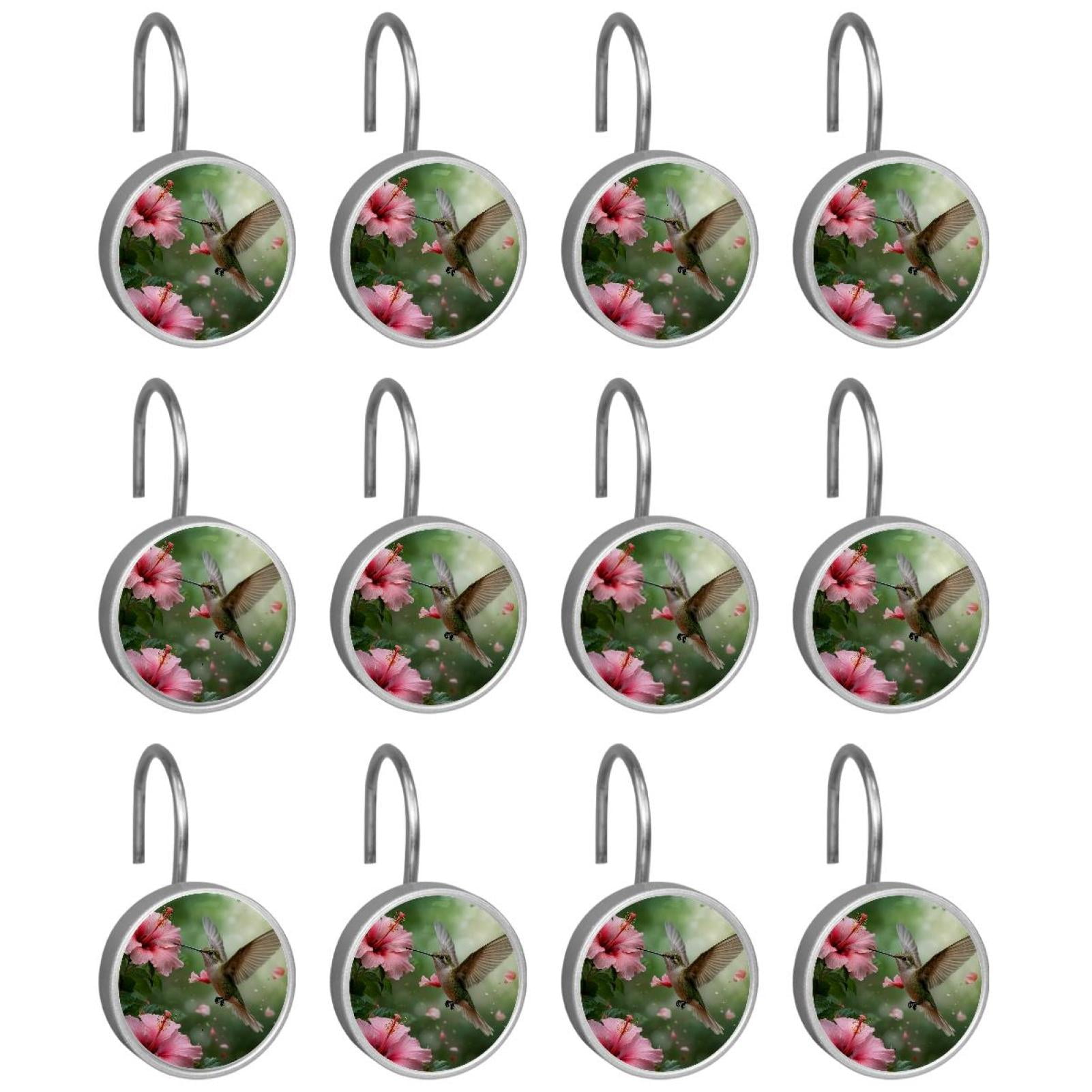 Imobaby 12 Pcs Metal Shower Curtain Hooks Rust Proof for Shower Curtain Liner - Pink Lily Hummingbird