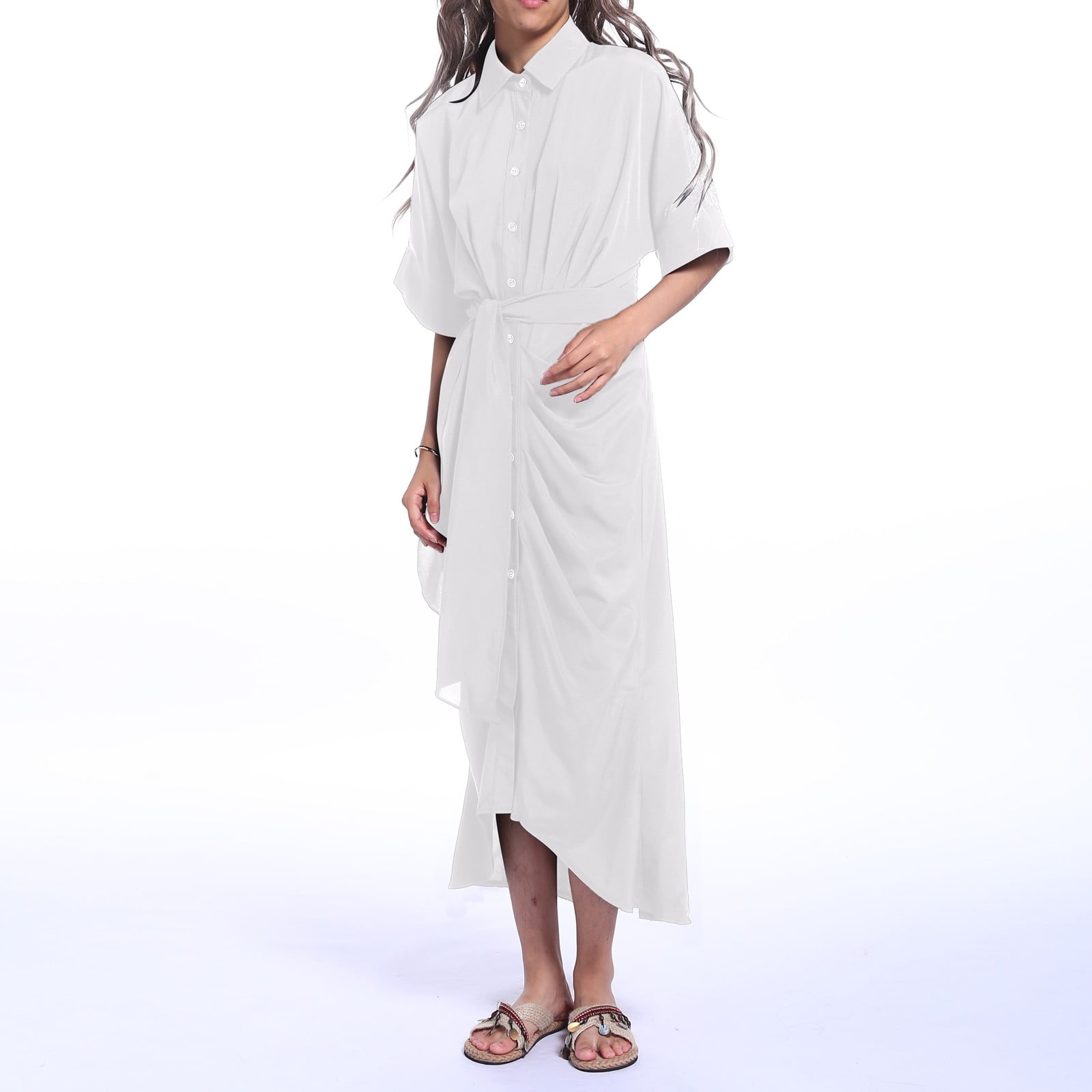 Jamsmile Women Shirt Dress Summer Casual Button Down Solid Color Short Sleeve Belted Shirts Dress Elegant Loose Midi Dress Clothes