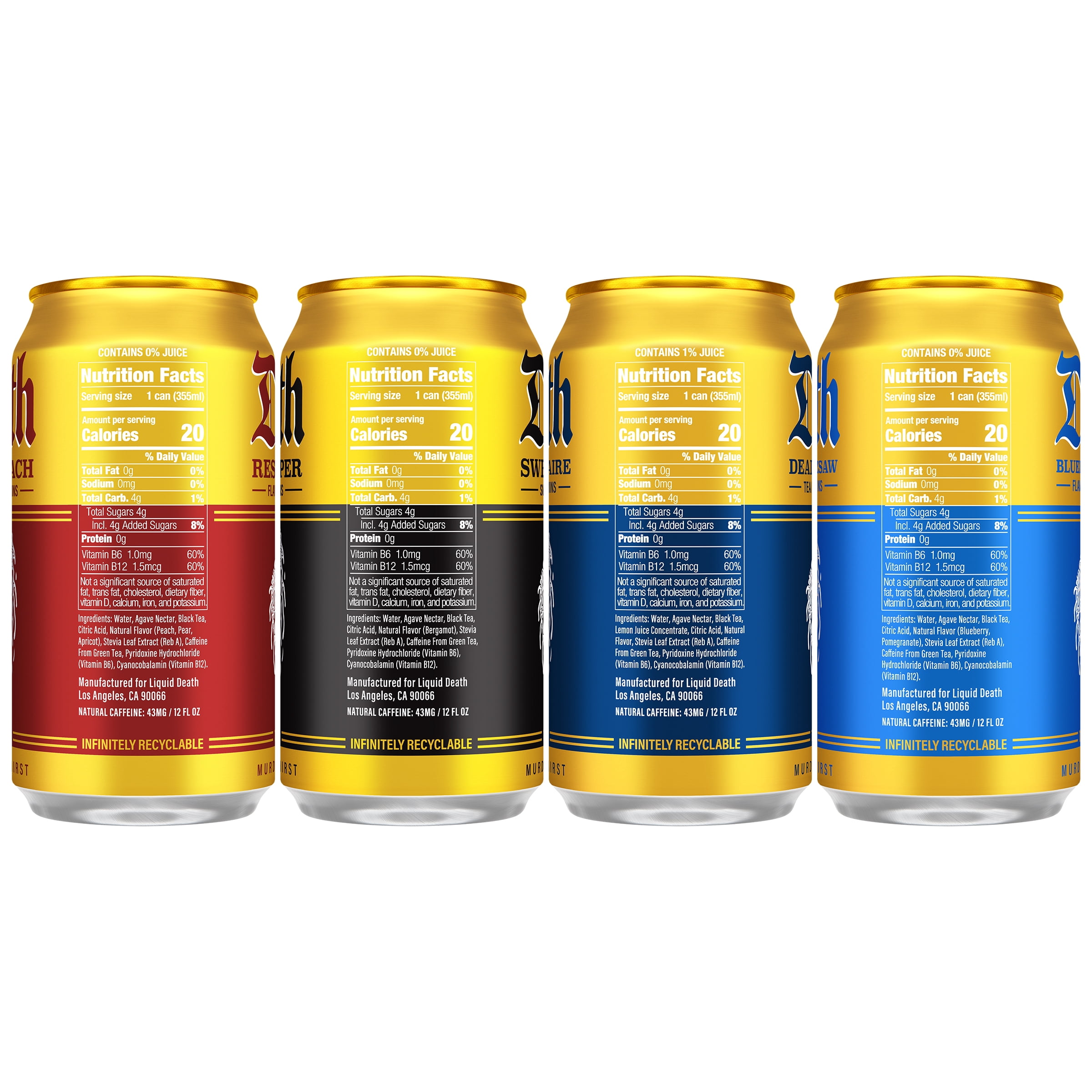 Liquid Death Variety Pack Iced Tea 12-pack (12 fl oz Cans), 4 Flavors: Dead Billionaire, Rest in Peach, Sweet Reaper, Blueberry Buzzsaw