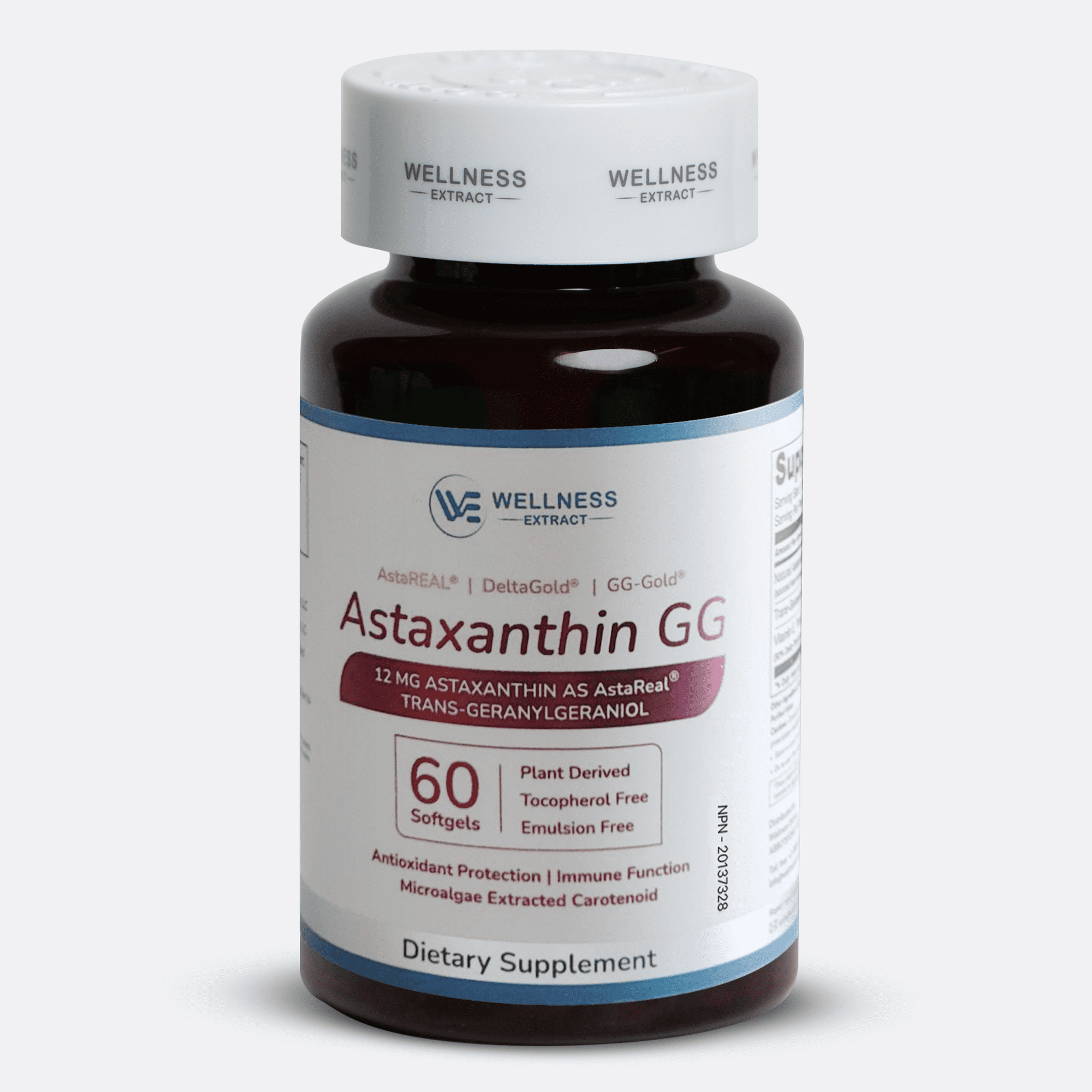 Wellness Extract Astaxanthin 12mg Supplement – Astaxanthin with GG-Gold® Geranylgeraniol & DeltaGold® Tocotrienols, Powerful Antioxidants for Eye, Skin & Heart Health Support – 60 Softgels
