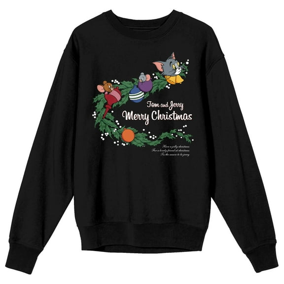 Tom & Jerry Merry Christmas Crew Neck Long Sleeve Black Adult Sweatshirt
-Medium