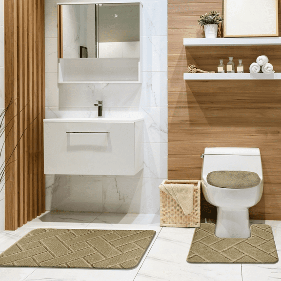 Baxter 3 Piece Bathroom Rug Set, Modern Brick Design Soft Bath Rug, Contour Rug & Universal Lid Cover Beige