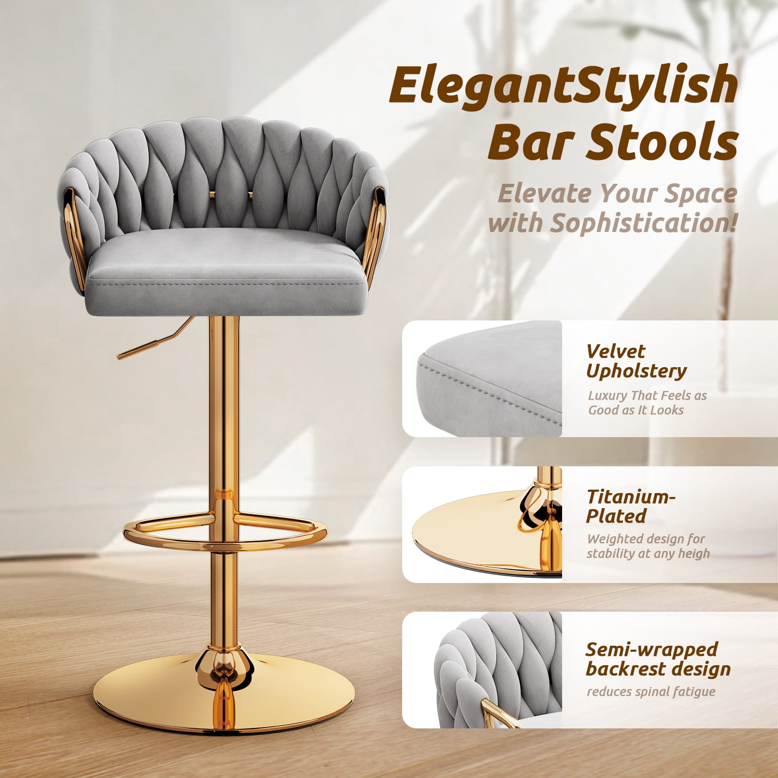 Lessmore Luxury Velvet Swivel Bar Stool Set of 4 - Adjustable Height, Beige, Gold Base