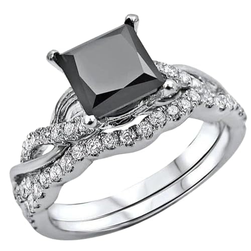 Dazzlingdaimonds Jewels 2.40 Ct Princess Cut Black Diamond Engagement Wedding Thanksgiving Christmas Bridal Ring Set 14K White Gold Plated 925 Sterling Silver For Women's -4.5