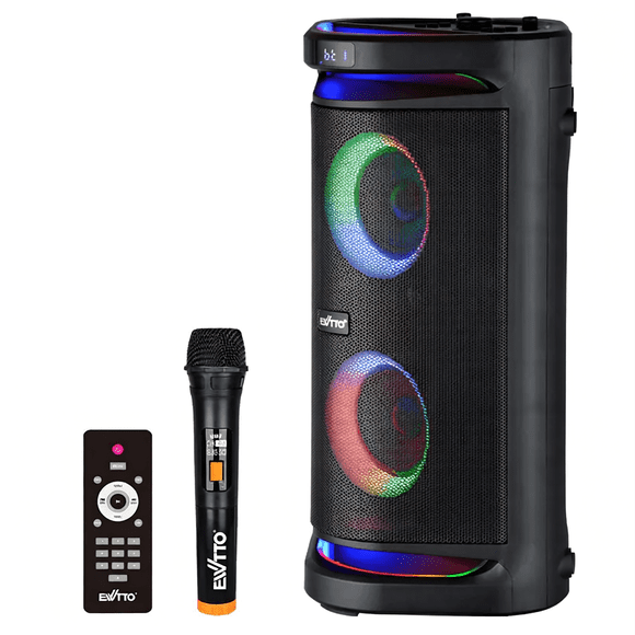 EWTTO EW-P545MBC Parlante Portátil 100W, 5.25"x2 Bajos, TWS, Micrófono Inalámbrico, Remote, RGB, 12000mAh, EQ Interior/Exterior, AC+Type-C