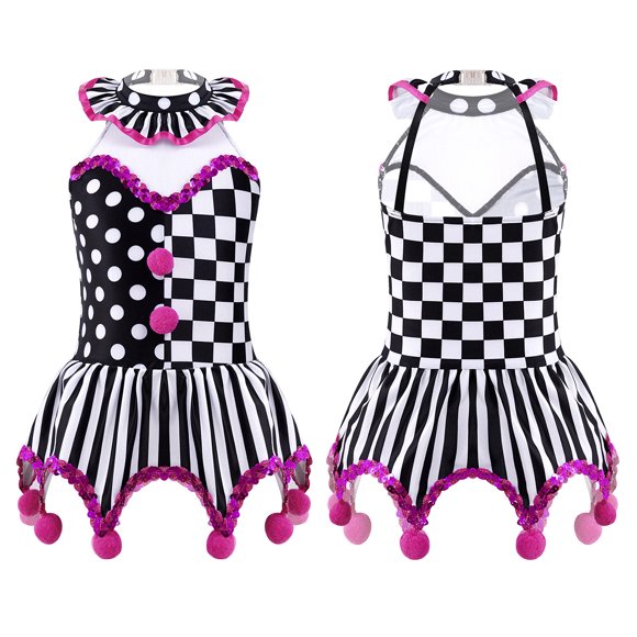 Choomomo Kids Girls Ballet Dance Tutu Dress Halter Neck Sleeveless Sequins Pompoms Circus Clown Party Costume Black&Rose 12