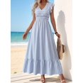 thumbnail image 5 of Blue And White Striped V-Neck Cinched Waist Maxi Shirt Dress With Ruffle Sleeves For Summer Casual Wear, 5 of 7
