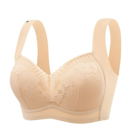 Bras for Womens Plus Size Full Coverage Push Up Print Embroidered Non-Steel Ring Non-Magnetic Buckle Underwear Bra Beige 1 40C