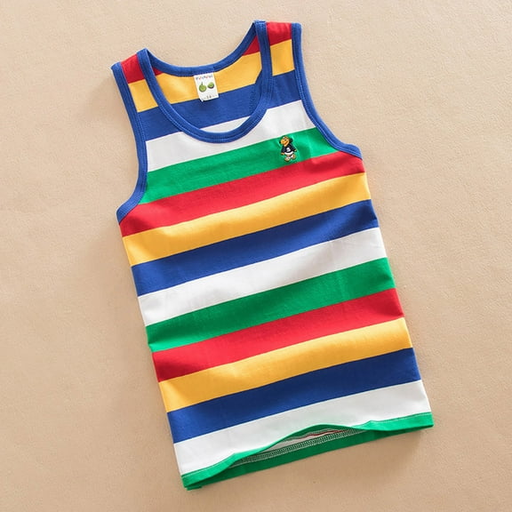 Boys Summer Tank Tops Rainbow Striped Sleeveless Shirt Comfortable Stretchy Wear For Kids Casual Boys Tops Watermelon Red 22