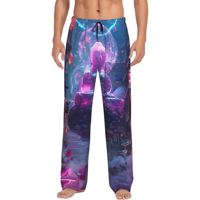 Balery Neon Buddha Cityscape Pantalones de pijama para hombre, pijama ultraligero, pantalón de descanso-3X-Large