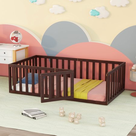 iRerts Twin Floor Bed Frame for Kids Toddlers  Wood Montessori Low Floor Twin Size Bed Frame with Fence Guardrail and Door  kids Twin Bed for Boys Girls  Spring Needed  Walnut