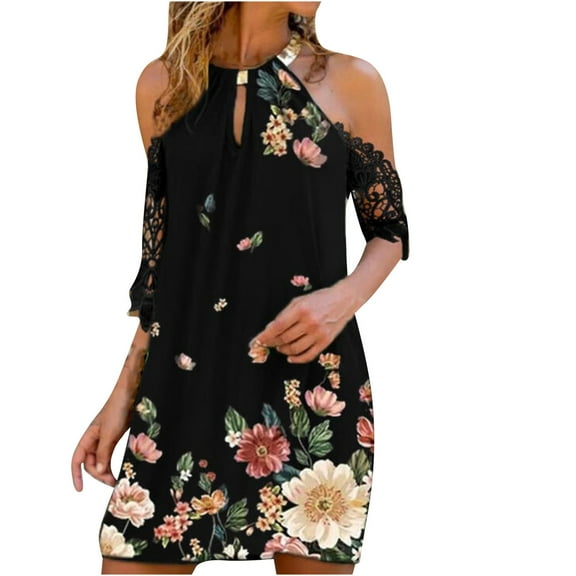 IROINNID Women's Sleeveless Prints Halter Dress Fashion Summer Casual Strapless Halter Half Sleeve Dress Off-The-Shoulder Short Dress