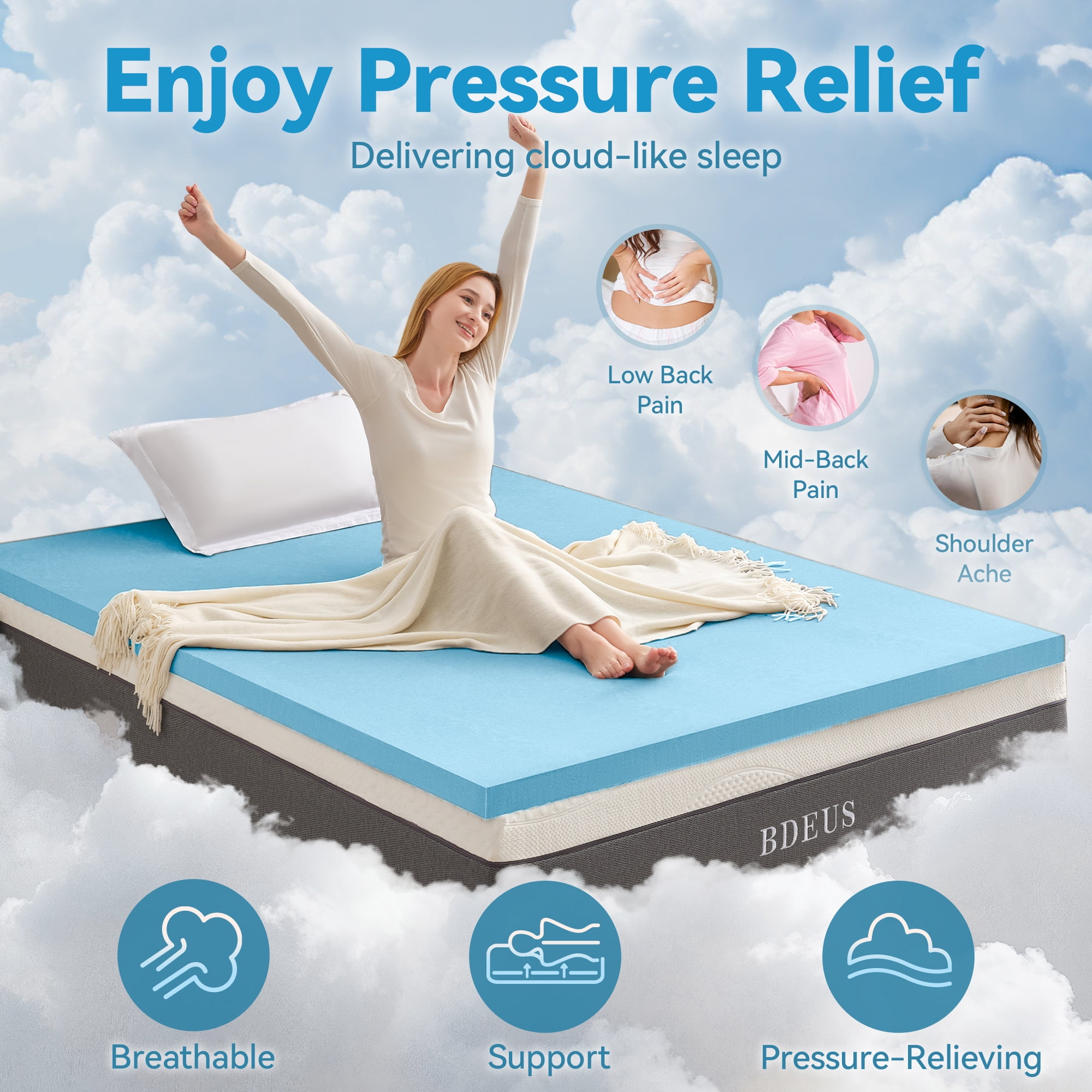 BDEUS 2 Inch Gel Memory Foam Mattress Topper, Comfort Body Support & Pressure Relief, CertiPUR-US Certified, Twin
