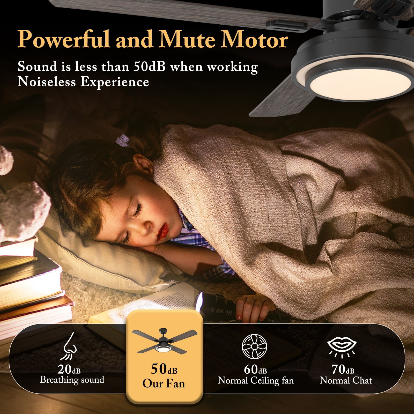 Warmiplanet 52" Modern Ceiling Fan with Light & Remote, Black, Dual-Color Blades , 3 Speeds, 3-Color Light, Reversible, Timer
