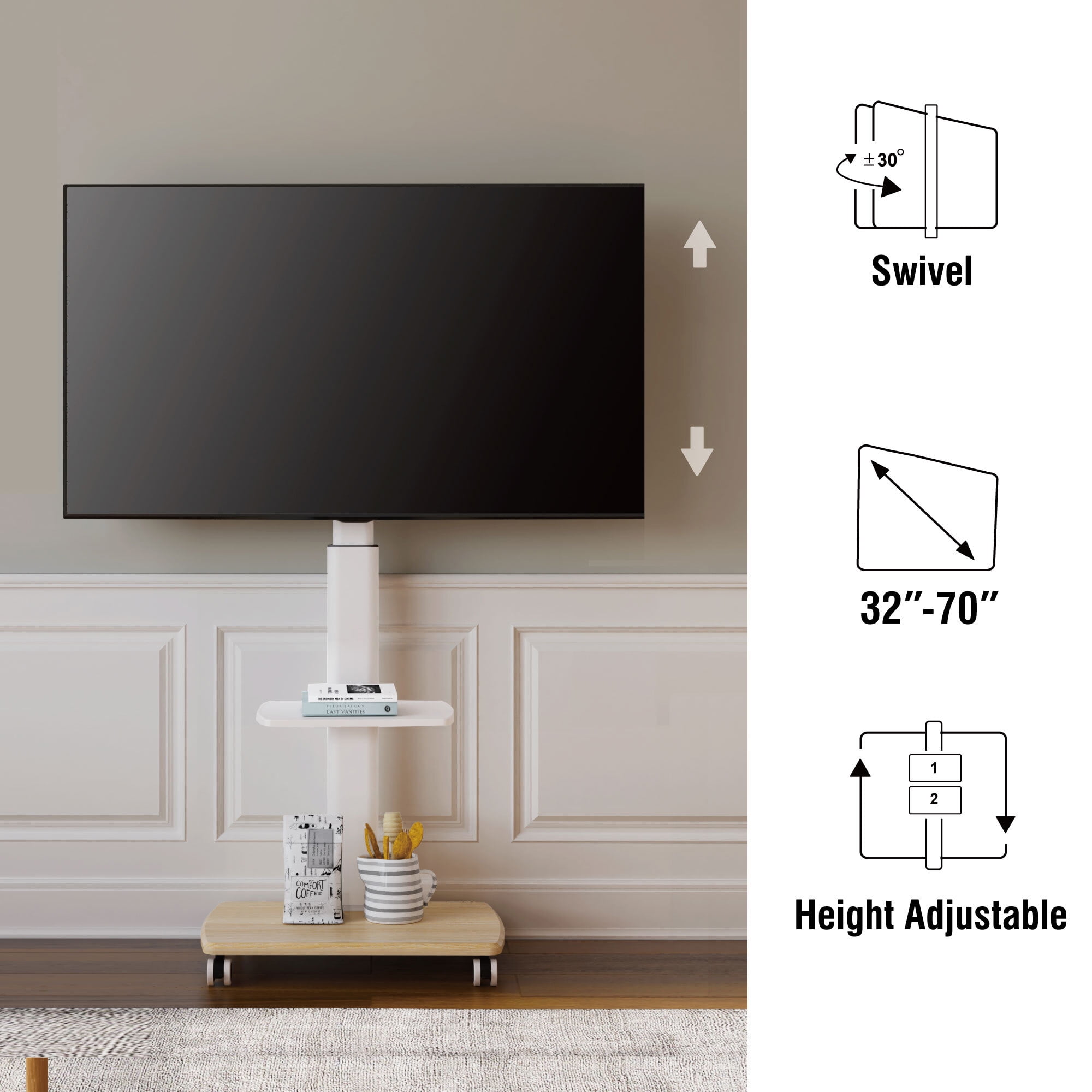 FITUEYES Rolling TV Floor Stand for 32 - 70 Inch TVs, with 1 shelf