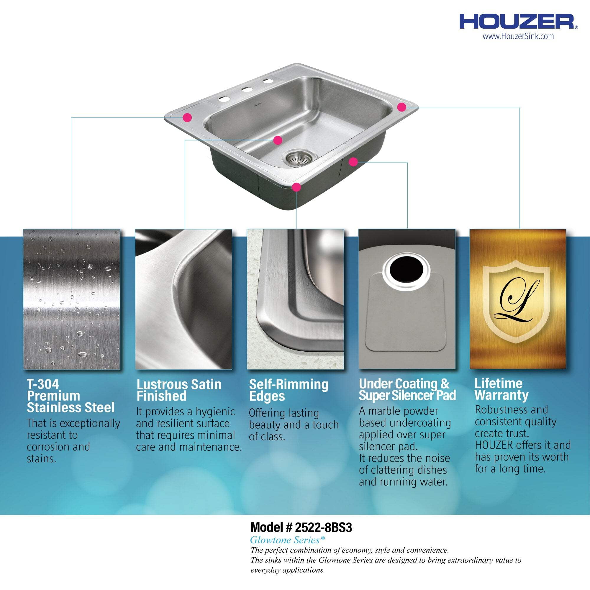 Houzer Glowtone 25 inch Stainless Steel Drop-in Topmount 3-hole Single Bowl 8 inch Deep Kitchen Sink - 2522-8BS3-1