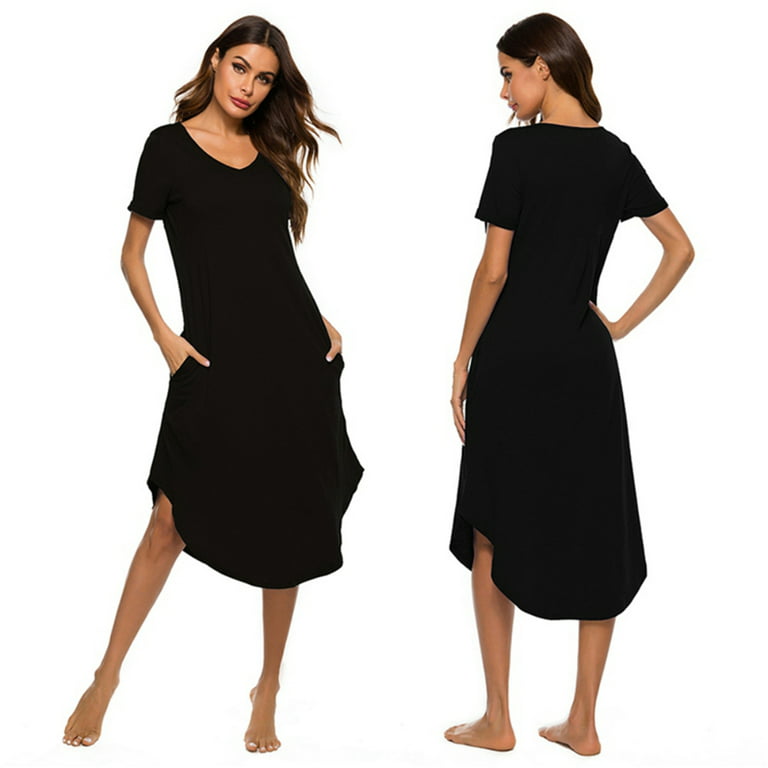 Nightgowns for Women V Neck Nightshirts Short Sleeve Soft Sleepwear Side  Split Pockets Long Nightdress with Pockets, ,Black S-3XL 