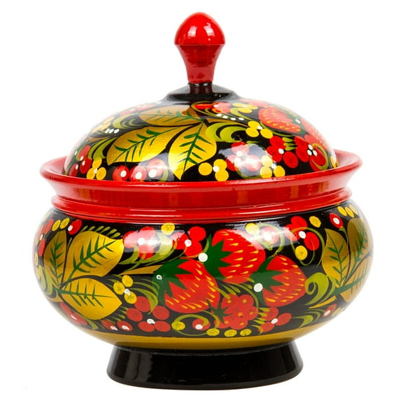 STP GOODS Khokhloma Wooden Sugar Bowl with Lid 4.5x4.9" (11.5x12.5 cm) Hand-Painted Serving Bowl Candy and Cookie Jar Sugar Container, Red Gold and Black