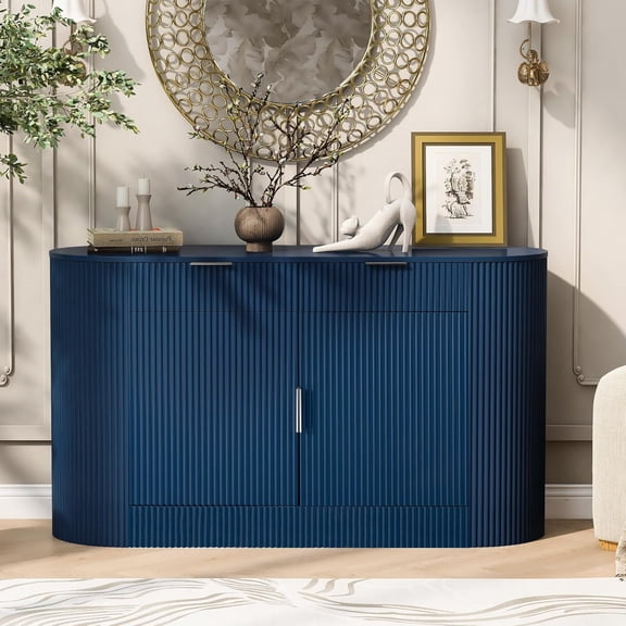 Amposei Modern Fluted Curved Sideboard Cabinet 55’’ Wooden Oval Credenza Buffet Console Storage Cabinet with Drawers for Living Room Entryway Dining Hallway, Navy Blue