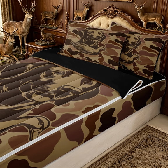 Erosebridal Duck Camo Print Zipper Twin Comforter Sets with Fitted Sheet and 2 Pillowcases for Boys Men, Brown Vintage Dog Waterfowl Zipper Bedding Set, Black Reversible, 4-Piece