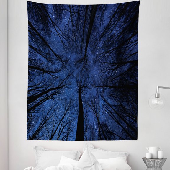 Stars Sky Tapestry, Gothic Forest Bare Branches Woodland Trees Nature Night Scenery, Fabric Wall Hanging Decor for Bedroom Living Room Dorm, 5 Sizes, Night Blue and Dark Grey, by Ambesonne