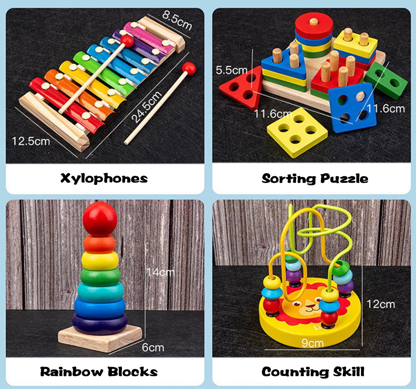 9-Piece Wooden Montessori-Inspired Learning Toy Set for Ages 3+, Musical Instruments, Shape Sorter, Stacking Rings, Bead Maze & Clock, Preschool Educational Activity Gift