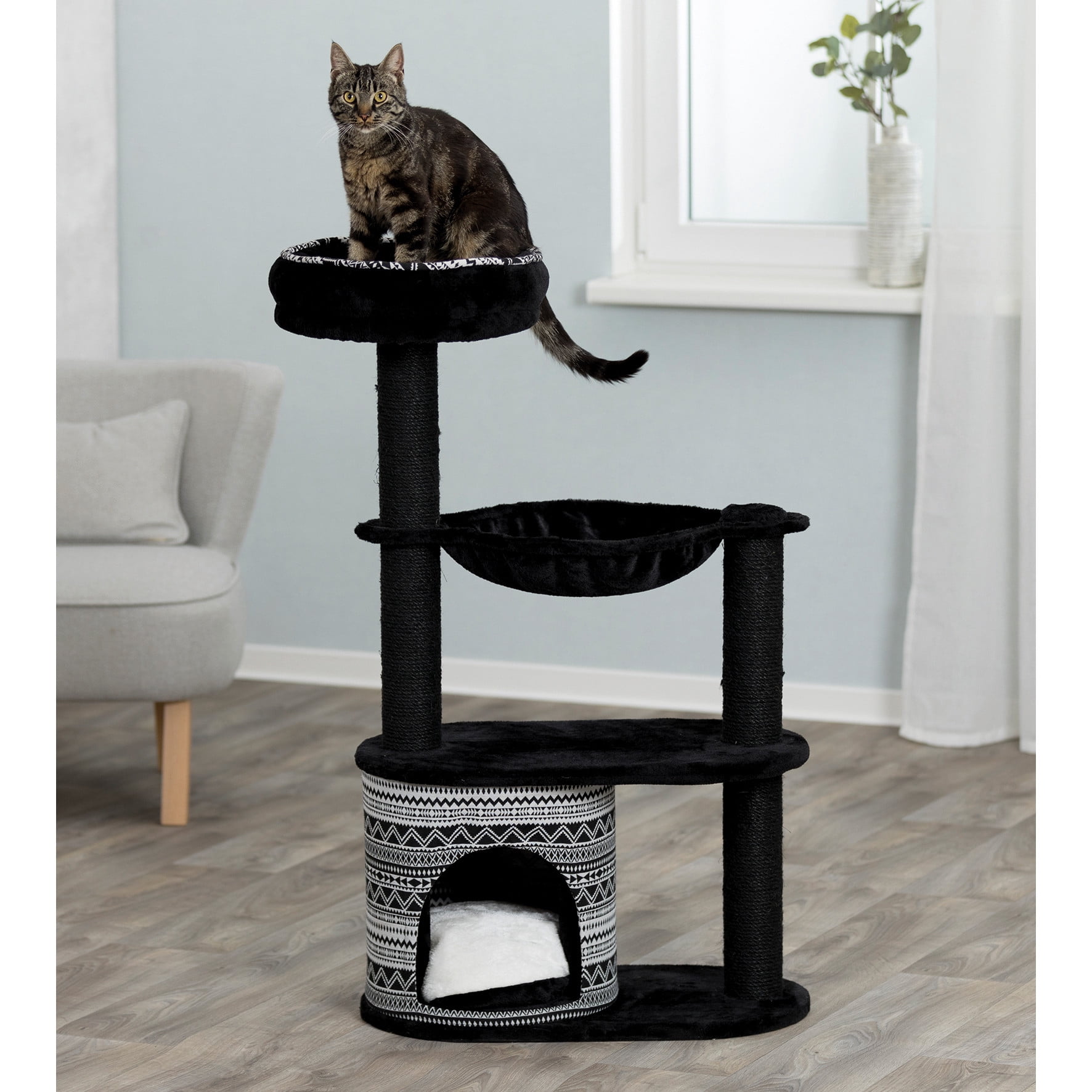 TRIXIE Giada Plush & Sisal 4-Level 44" Cat Tree with Scratching Posts, Condo & Hammock, Black