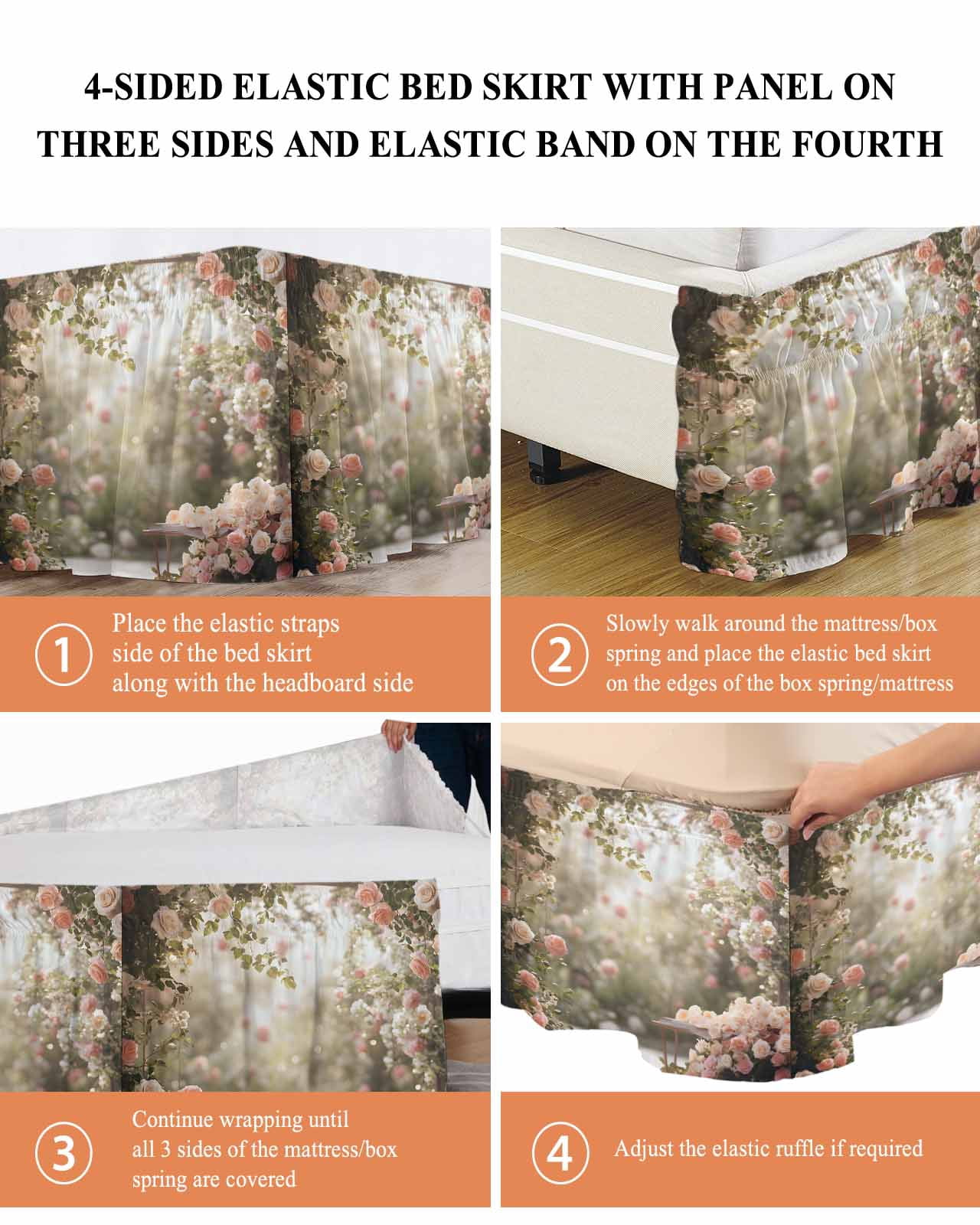 Spring Rose Ruffle Bed Skirt King Size Pastoral Romantic Plant Adjustable Elastic Dust Bed Skirts Wrap Around Bedskirt Wrinkle Free Easy Fit with 16 Inch Drop