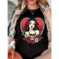 thumbnail image 1 of Halloween T-shirt - Women'S Casual T-Shirt with Gothic Skull & Floral Print - Black, Short Sleeve, Round Neck, Slight Stretch Knit Fabric, Comfortable All-Season Top for Casual Attire, Casual Wear, 1 of 6