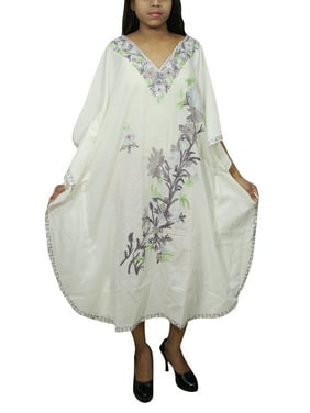 Mogul Women's White Caftan Dress Floral Embroidered Bohemian Fashion Loungers Nightgown Maxi Dresses One Size