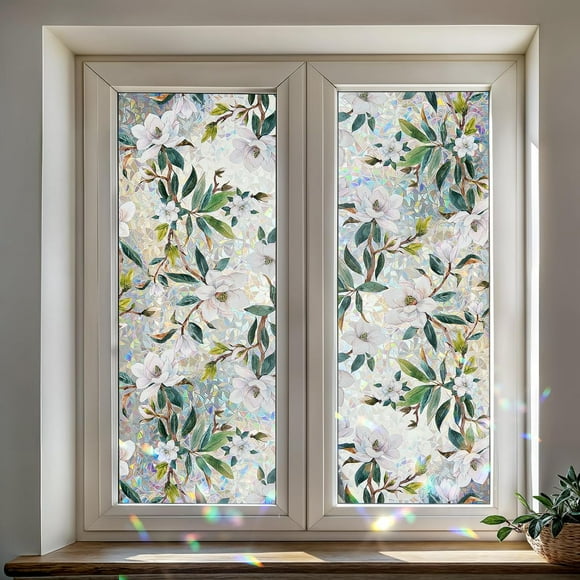 DARUITE Window Films for Privacy, Decorative Stained Glass Window Film,UV Protection Removable No Glue Static Cling Privacy Film for Home Office, White Magnolia, 16.93x39.37inch/43 x100 cm