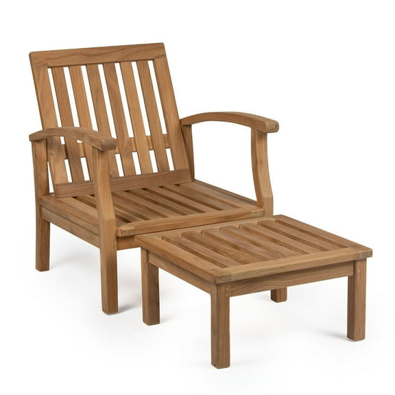 Ash & Ember Grade A Teak Sevilla Lounge Chair with Footstool, Square Back Arm Chair, Patio Lounge Chair for Deck, Porch, or Backyard Indoor Outdoor Use, Weather Resistant