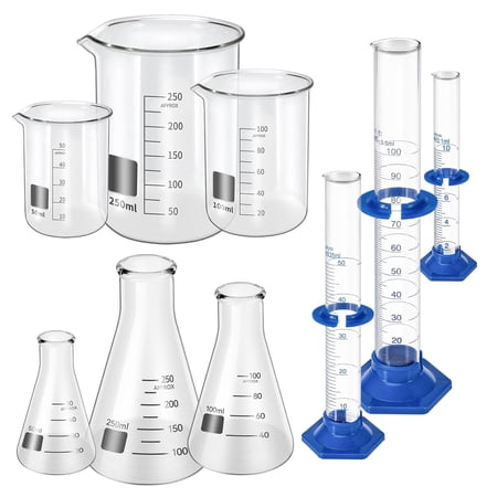 FOUR E's Scientific 9Pcs Lab Glassware Set, Includes Glass Measuring Beaker 50/100/250 ml, Glass Flask 50/100/250 ml, Graduated Cylinder 10/50/100ml, for Laboratory