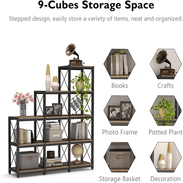 9-Cube Vintage Ladder Bookcase, Stepped Staircase Design, Space-Saving Etagere for Home/Office, Easy Assembly