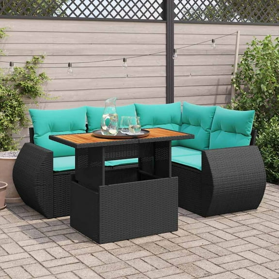 vidaXL 5 Piece Patio Sofa Set with Cushions Black Poly Rattan