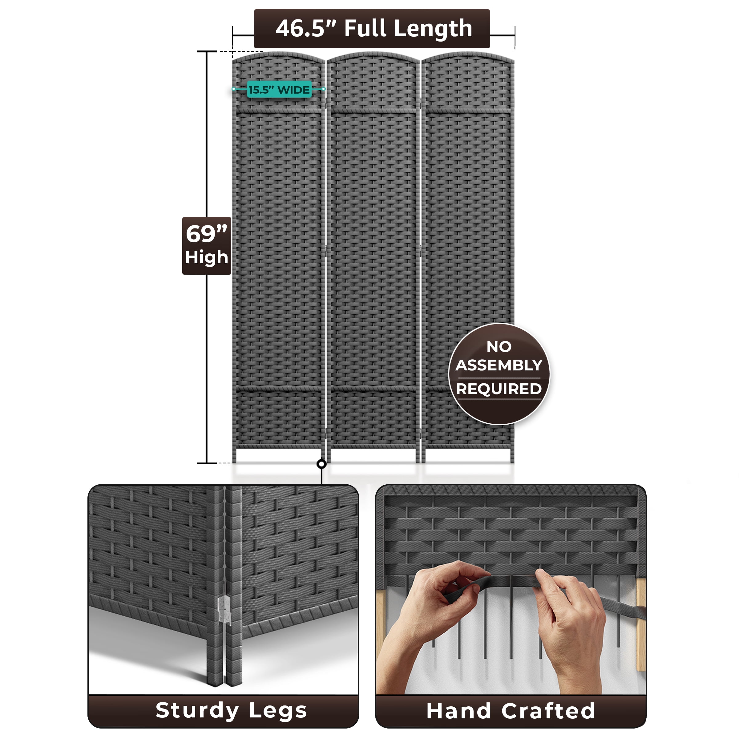 Sorbus 3-Panel Wide Folding Room Divider Privacy Screen, Hand-Woven Gray Mesh