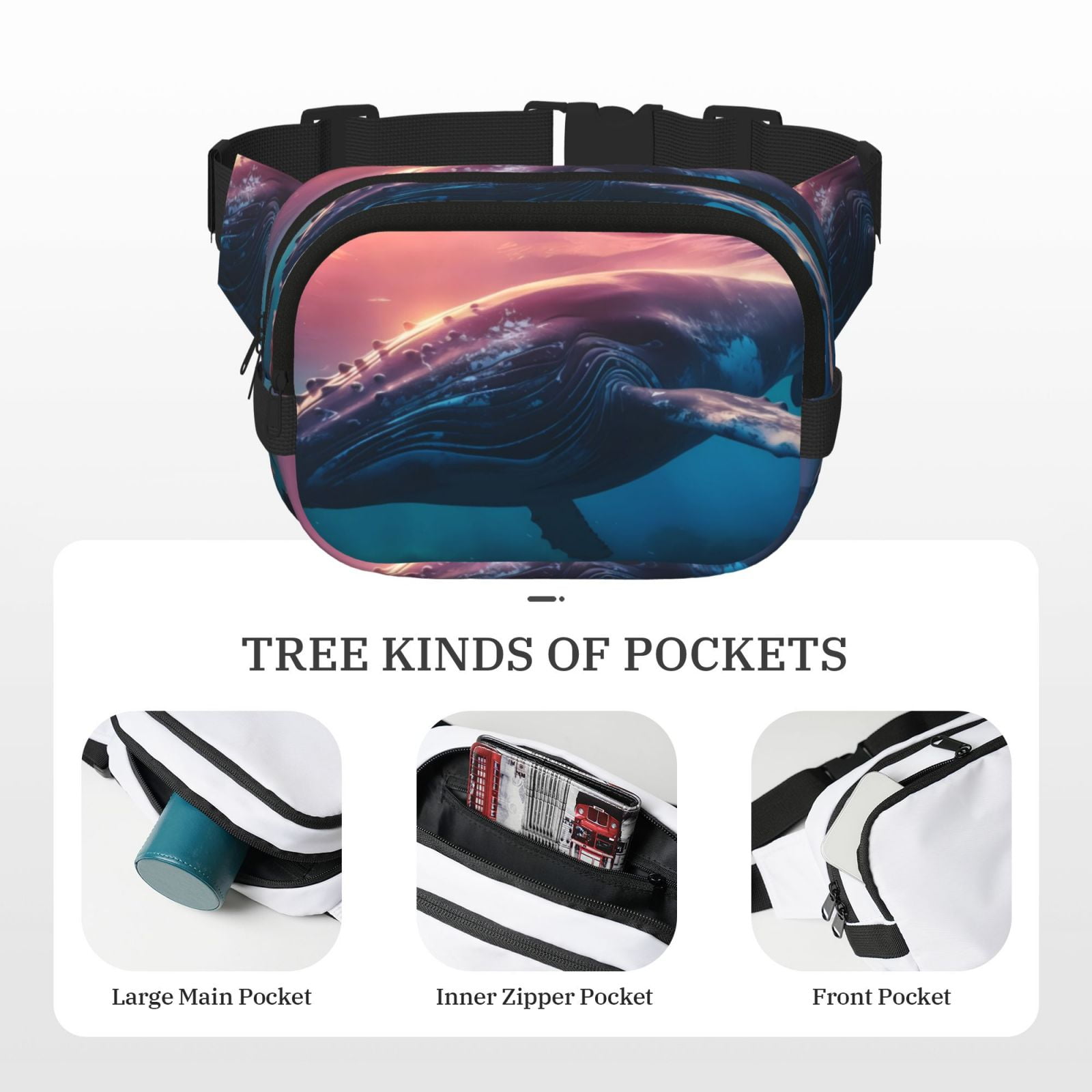 Picia Sunshine Ocean Whale Print Square Double-Layer Waist Bag Mini Adjustable Waist Belt Bag Exercise Running Travel Hiking