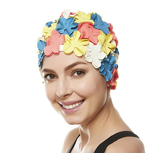 Hold'Em Bonnet de Bain à Pétales Floraux pour Femmes Style Rétro Vintage Bonnet de Bain pour Cheveux Longs et Courts - Bleu, Rose, Blanc, Jaune