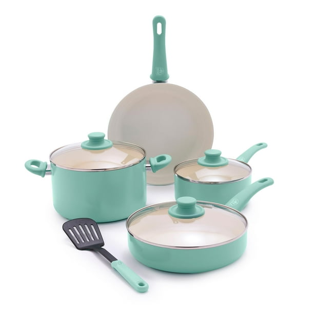 GreenLife Juego de utensilios de cocina Soft Grip de 8 piezas, antiadherente de cerámica sin PFAS, no tóxico, para freír, salsa, saltear, utensilios, tapas de vidrio, asas que se mantienen frías, sin