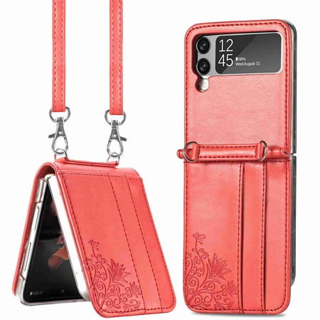 Dteck Galaxy Z Flip 3 Case, Florial Shockrpoof PU Leather Wallet Case with Card Holder + Lanyard Crossbody Strap Protective Case for Samsung Galaxy Z Flip 3 5G 2021, Red