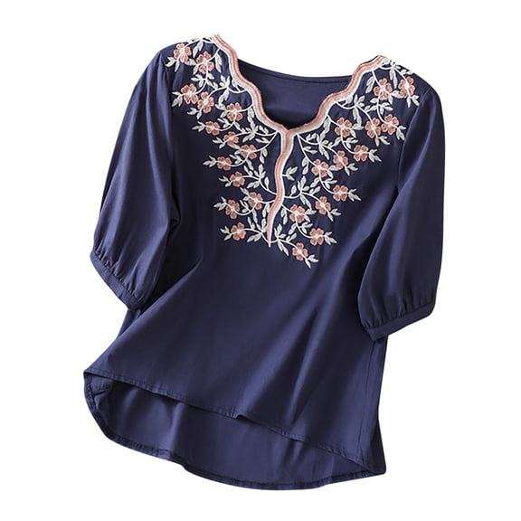 Babysbule Womens Long Sleeve Tops Women's Seven-quarter Sleeve Cotton And Linen V-neck Blouse With Lantern Sleeves