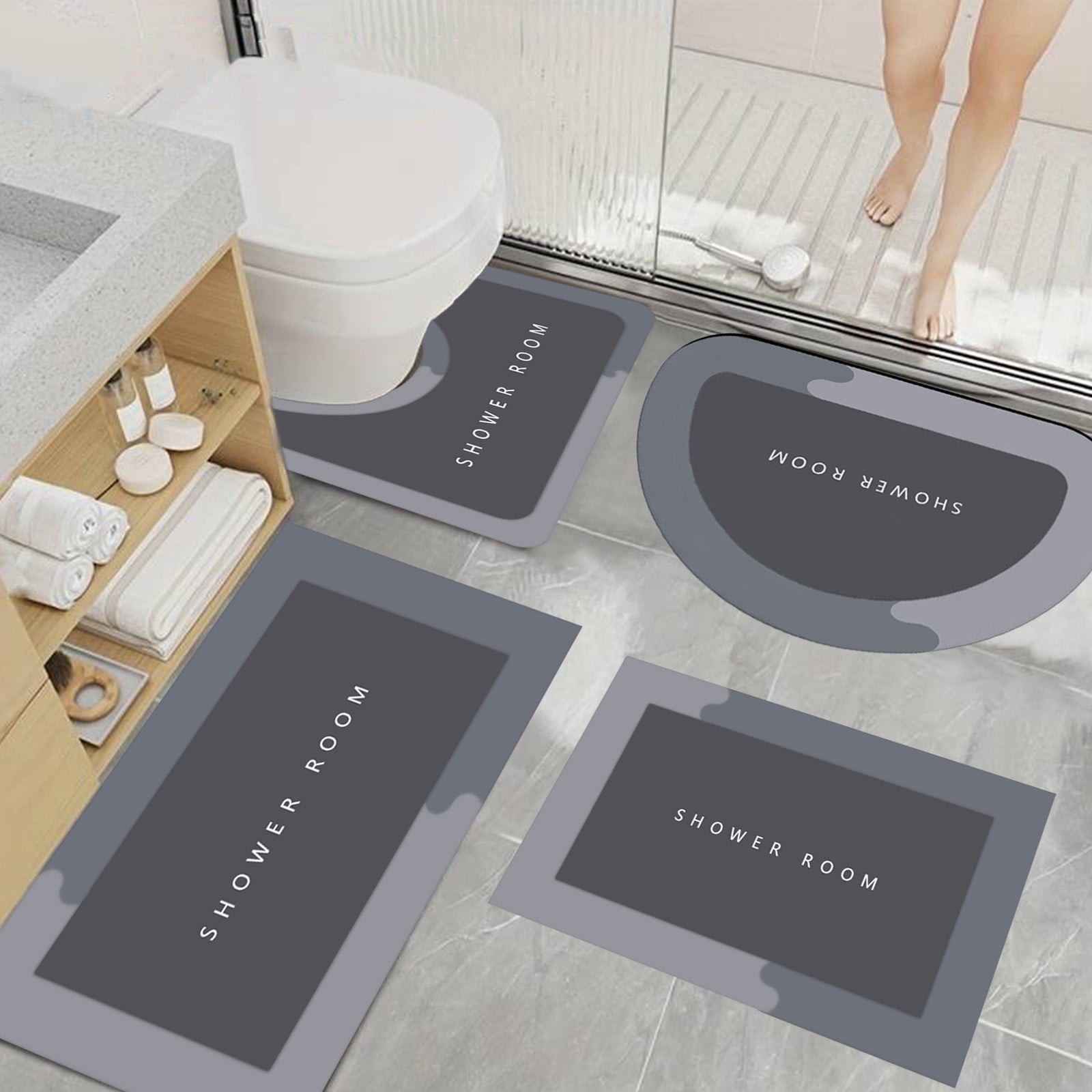 Twfbrm Bathroom Rugs Set 4 Pieces, Ultra Thin Bath Mat Fit Under Door, Non-Slip Rubber Backing Floor Mat, Super Absorbent Quick-Dry Washable Shower Mat for Toilet Bathtub and Kitchen